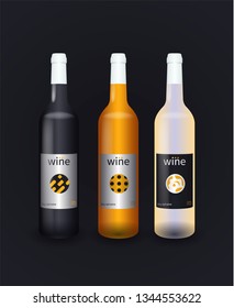 Сollection of three bottles of wine with labels. Bottle template set. Vector mocap bottles. Glass black bottle.