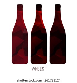 Three bottles of wine in polygonal style. Geometric bottles of red wine for menu 