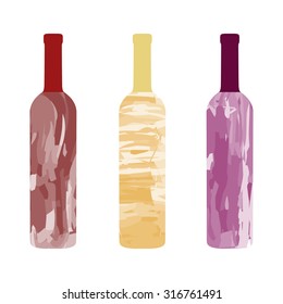 three bottles of wine. Red wine, white wine, rose wine. isolated on white background