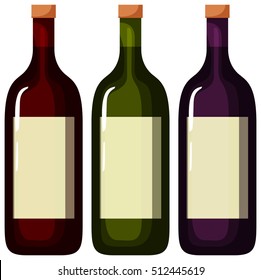 Three bottles of wine with white label illustration
