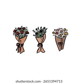 Three bouquets of flowers in brown paper wrap. Hand drawn in colour. 