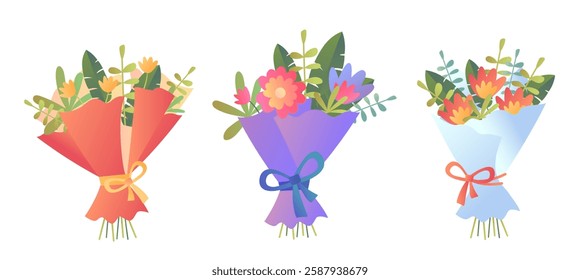Three bouquets of flowers wrapped in red, purple, and blue paper with decorative bows. Each bouquet contains vibrant flowers and green leaves. Isolated on white. Vector illustration