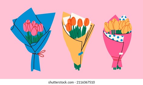 Three bouquets Tulips  Bouquet spring fresh flowers wrapped in gift paper  Beautiful lush tulips for Mother's Day  Holiday floral decor  Hand drawn Vector set  Colorful isolated illustrations