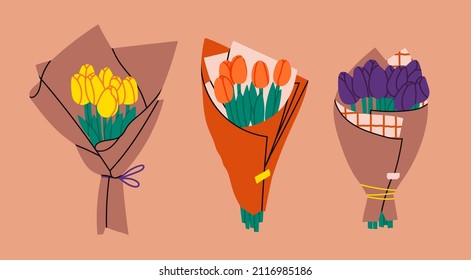 Three bouquets of Tulips. Bouquet of spring fresh flowers wrapped in craft paper. Beautiful lush tulips for Mother's Day. Holiday floral decor. Hand drawn Vector set. Colorful isolated illustrations