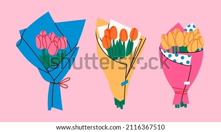 Three bouquets of Tulips. Bouquet of spring fresh flowers wrapped in gift paper. Beautiful lush tulips for Mother's Day. Holiday floral decor. Hand drawn Vector set. Colorful isolated illustrations