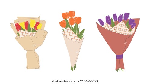 Tres ramos de tulipanes amarillos, rojos y morados. Bouquet de flores frescas primaverales envueltas en papel artesanal. Hermosos tulipanes exuberantes para el Día de la Madre. Decoración floral de vacaciones. Coloridas ilustraciones aisladas.