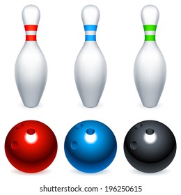 Three bowling balls and three bowling pins.