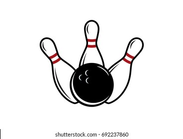 Three bowling pins with a ball icon isolated on a white background. Bowling pin and bowling ball graphic design element. Bowling skittles icon on a white background