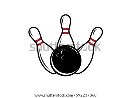 Three bowling pins with a ball icon isolated on a white background. Bowling pin and bowling ball graphic design element. Bowling skittles icon on a white background