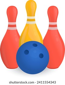 Three bowling pins and a blue bowling ball isolated on white background. Bowling game equipment concept. Indoor sport and leisure activity vector illustration.