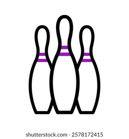 Three bowling pins outlined with purple stripes