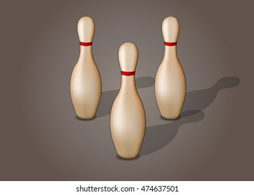 Three bowling pins with red stripes isolated