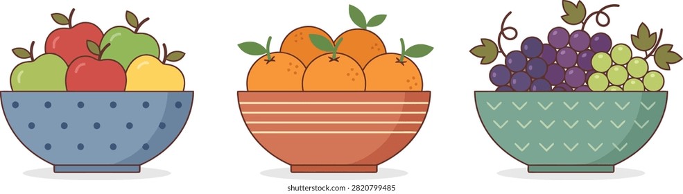 Three bowls filled with fresh fruit including apples oranges and grapes