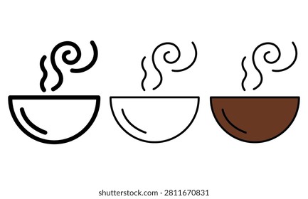 Three bowls of steaming hot soup with different fill levels