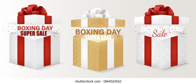 Three Box Sale for Xmas and Happy New Year. Royalty free stock illustration for greeting card, promotion, poster and banner. Happy Boxing Day sale banner. Vector illustration