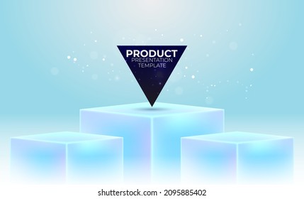 Three box stand for product display. Empty light blue podium or pedestal. Vector template. Abstract product background.