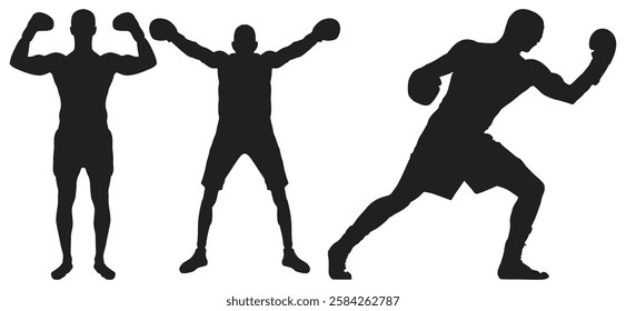 Three Boxer Silhouettes in Different Poses. Isolated On Transparent Background.