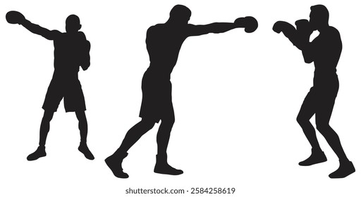 Three Boxer Silhouettes in Fighting Stance. Isolated On Transparent Background.