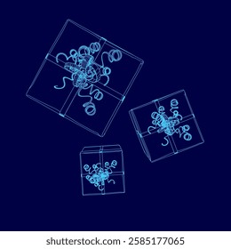 Three boxes with a blue background. The boxes are all different sizes and shapes. The boxes are all decorated with ribbons and bows