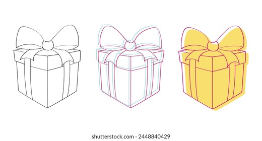 Three boxes in different colors each adorned with a decorative bow on top