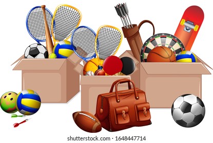 Three boxes full of sport equipments on white background illustration