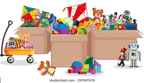 Three boxes full of toys on white background illustration