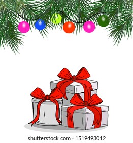 Three boxes with gifts and red bows. Christmas garland with fir branches, multi-colored Christmas lights. Isolated objects on a white background. Holiday