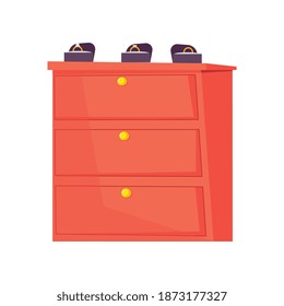 Tres cajas con anillos dorados en la ilustración vectorial plana del armario
