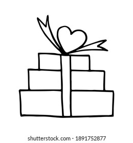 Three boxes on top of each other tied with a ribbon and decorated with hearts. Festive packaging for lovers. Hand drawn in doodle style with outline. Vector illustration.