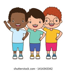 three boy embraced characters happy vector illustration