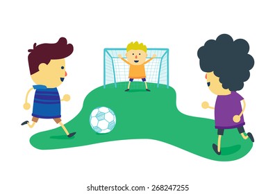 Three boy friends is enjoy with play football on soccer field