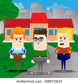 Three Boy standing in front of school. Vector cartoon character illustration.