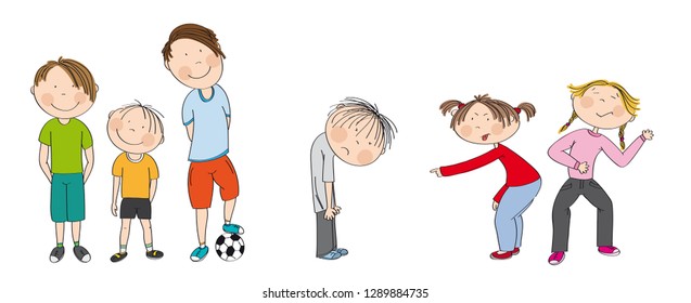 Three boys with ball ready to play football / soccer, two girls bullying sad boy, sneering, offending him. He wants to have friends. Original hand drawn illustration of aggression between children.