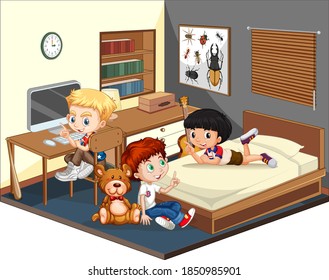 Three boys in the bedroom scene on white background illustration