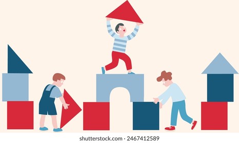 three boys building castle from cubes