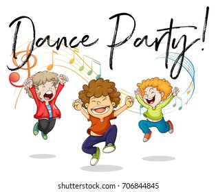 Three boys dancing with music notes in back illustration