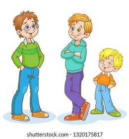 Tres chicos de diferentes edades están parados y hablando. Al estilo de las caricaturas. Aislado sobre fondo blanco.