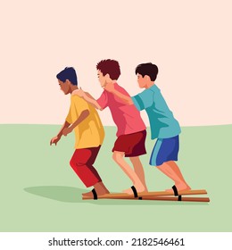 three boys are excited to take part in a clog racing competition in commemoration of the independence day of the Indonesian nation, balap bakiak