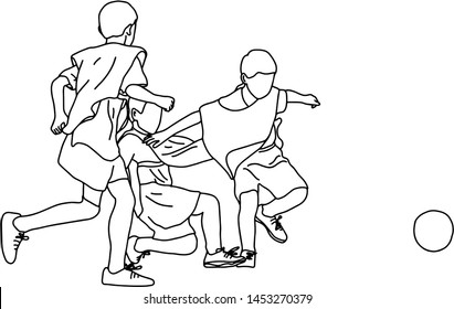 three boys fighting soccer together vector illustration sketch doodle hand drawn with black lines isolated on white background