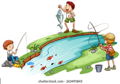 Three Boys Fishing On A White Background