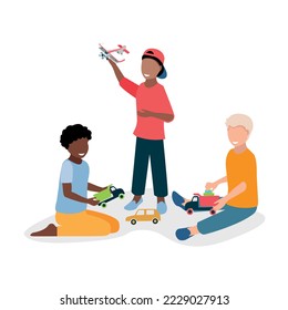 Drei Jungen haben Spaß beim Spielen. Kinder spielen mit Spielzeugautos und einem Flugzeug. Vektorgrafik einzeln auf weißem Hintergrund.
