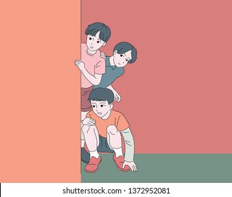Three boys are hiding in the corner and looking at the situation. hand drawn style vector design illustrations. 