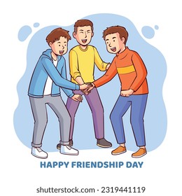 Three boys high-fived together. They looked compact and happy