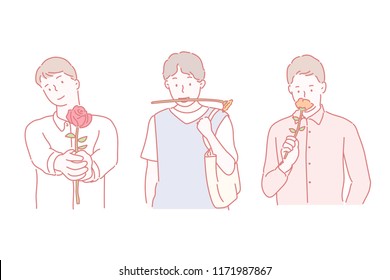 Three boys are holding flowers. hand drawn style vector design illustrations.