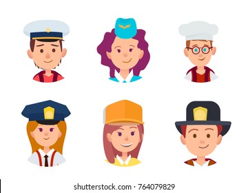 Three boys in image of sailor, chief food and firefighter. Trio girls in similitude of stewardess, policeman and builder vector illustration