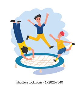 Three boys jump on a trampoline. Children actively spend their free time. Fitness, jumping, sports equipment. Flat vector illustration
