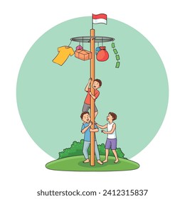
Tres chicos están jugando a escalar areca. Por lo general, este juego es una celebración de la independencia indonesia.