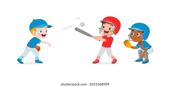 Three Boys Playing Baseball with Bat and Glove, Cheerful and Smiling in Illustration