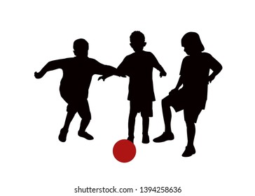 Three Boys Playing Football, Silhouette Vector