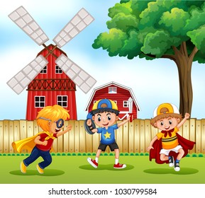 Three Boys Playing Hero In The Park Illustration